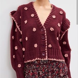 Farm Rio floral crochet Cardigan Sweater - Burgundy and Pink